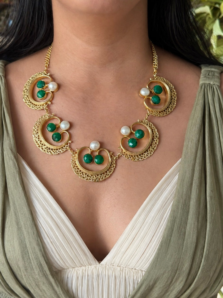 Handmade Pearl and Quartz Statement Necklace | Gold Polish Brass Adjustable Lobster Claw Jewelry