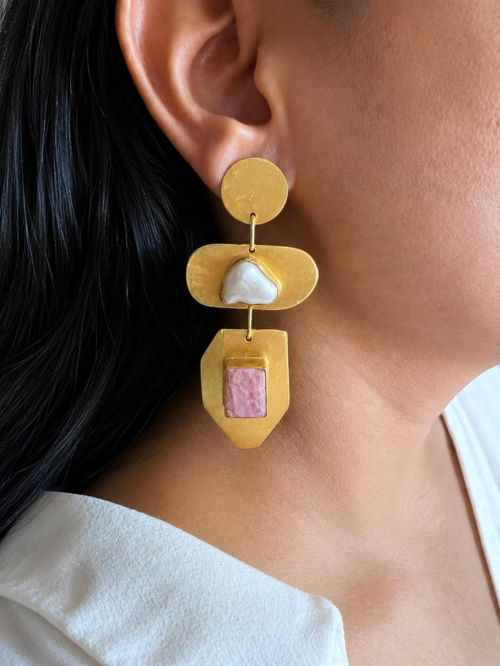 Raw Pink Quartz Baroque Pearl Dangle Earrings, Brushed Gold Geometric Statement Earrings