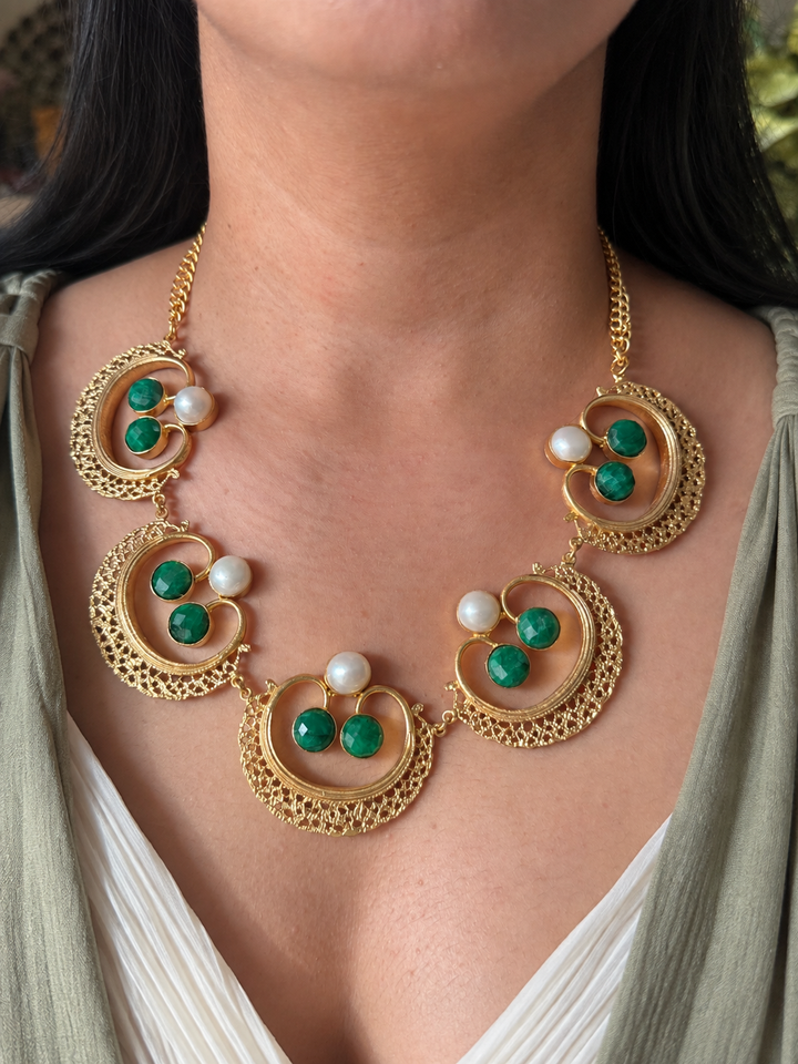 Handmade Pearl and Quartz Statement Necklace | Gold Polish Brass Adjustable Lobster Claw Jewelry