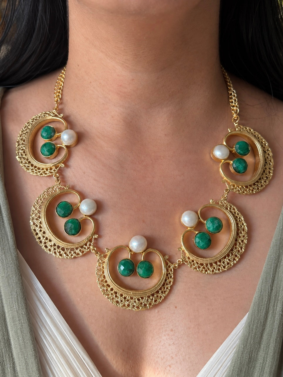 Handmade Pearl and Quartz Statement Necklace | Gold Polish Brass Adjustable Lobster Claw Jewelry