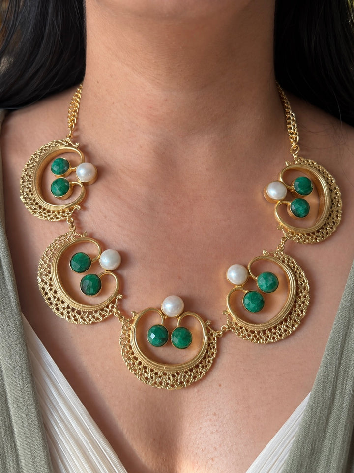Handmade Pearl and Quartz Statement Necklace | Gold Polish Brass Adjustable Lobster Claw Jewelry