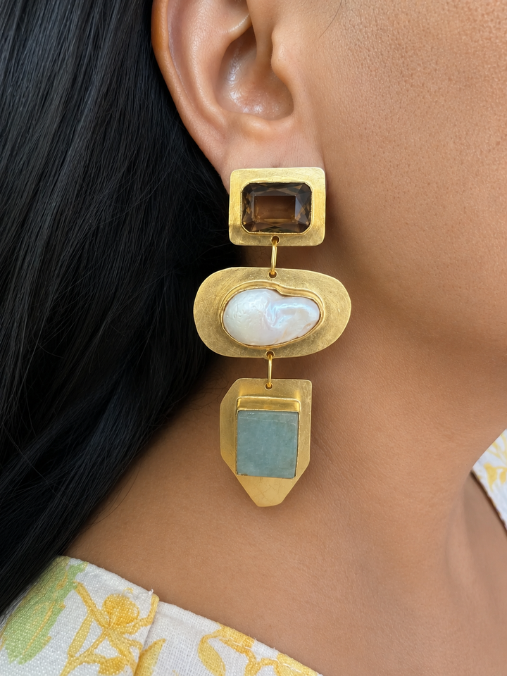 Smoky Quartz Baroque Pearl Amazonite Drop Earrings