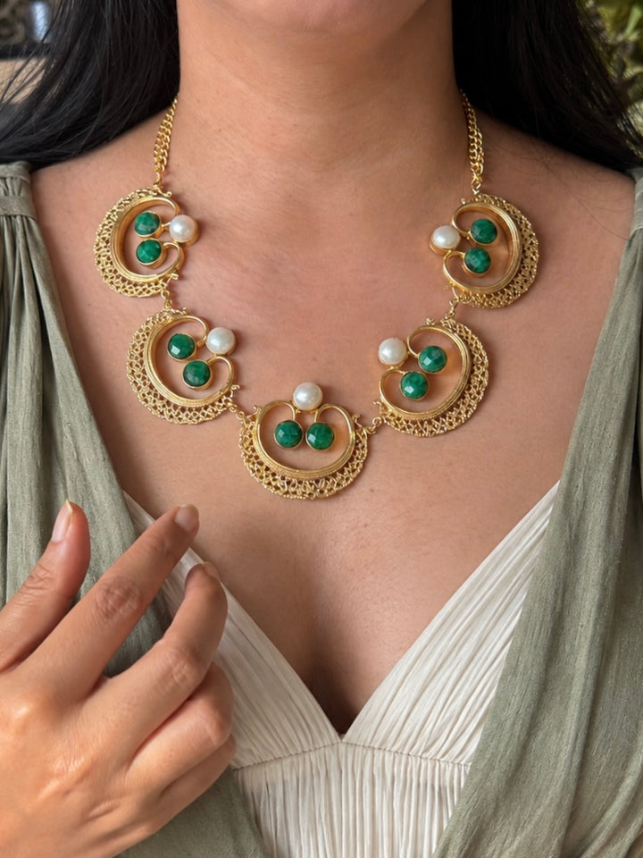 Handmade Pearl and Quartz Statement Necklace | Gold Polish Brass Adjustable Lobster Claw Jewelry