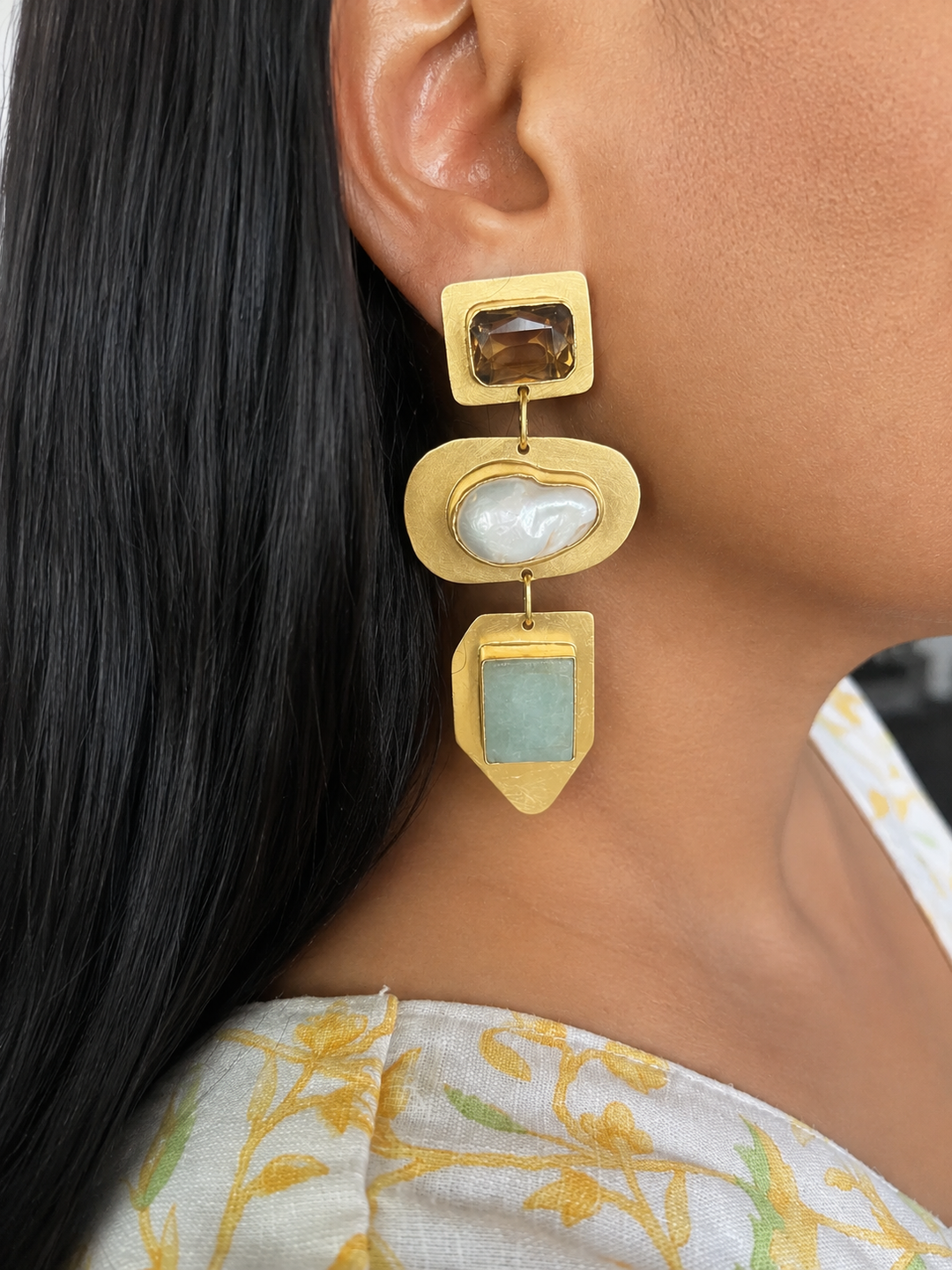 Smoky Quartz Baroque Pearl Amazonite Drop Earrings