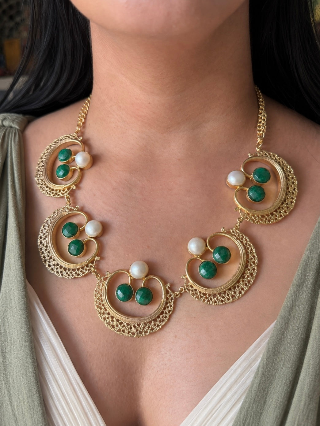 Handmade Pearl and Quartz Statement Necklace | Gold Polish Brass Adjustable Lobster Claw Jewelry
