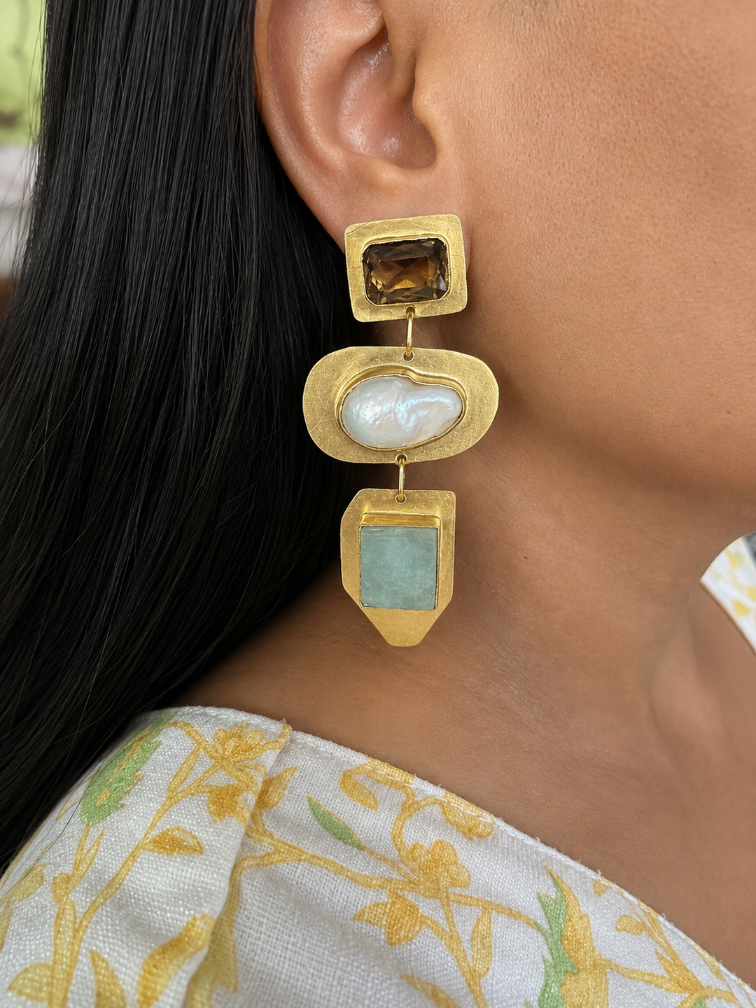 Smoky Quartz Baroque Pearl Amazonite Drop Earrings