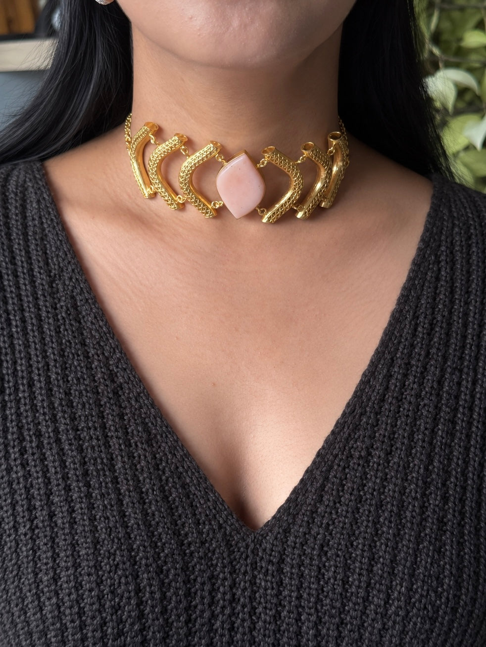 Pink Opal Gemstone Choker – Gold Brass, Adjustable Necklace