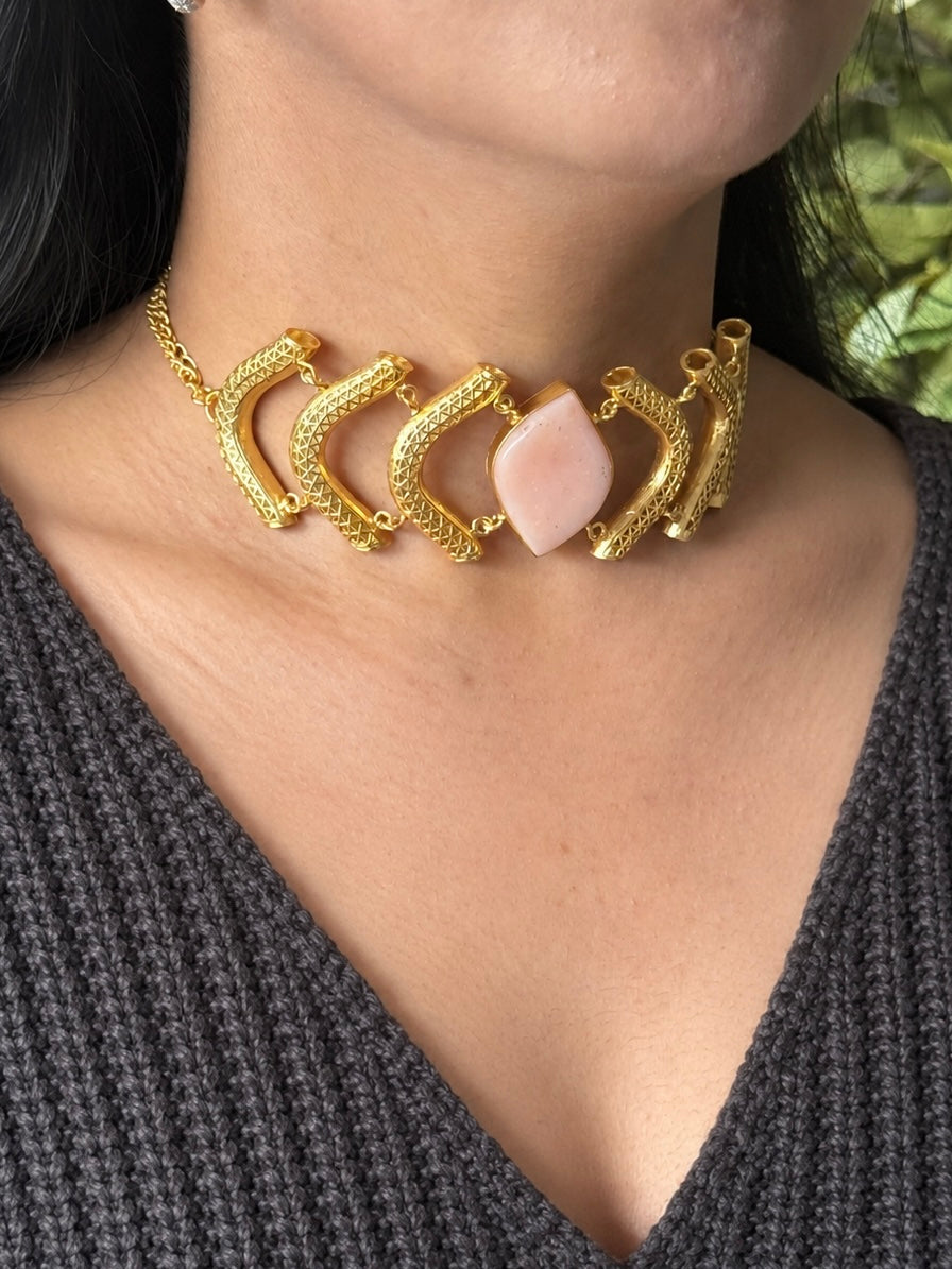 Pink Opal Gemstone Choker – Gold Brass, Adjustable Necklace