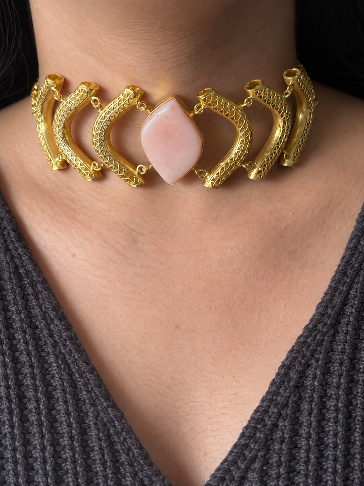 Pink Opal Gemstone Choker – Gold Brass, Adjustable Necklace
