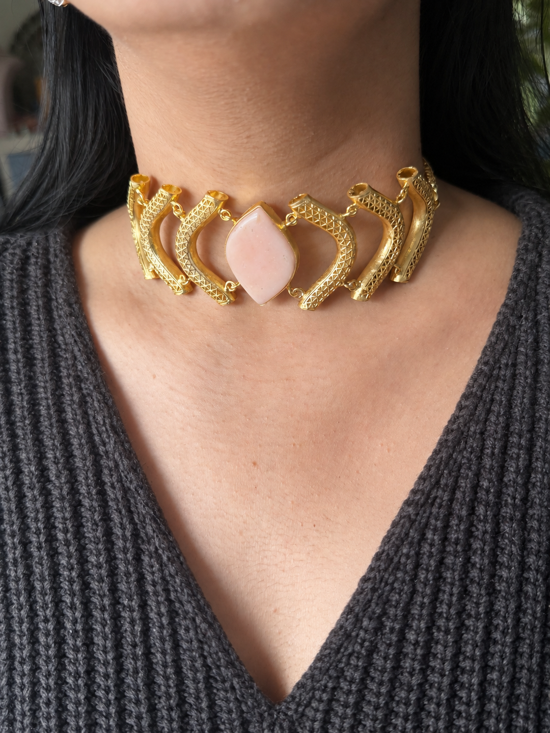 Pink Opal Gemstone Choker – Gold Brass, Adjustable Necklace