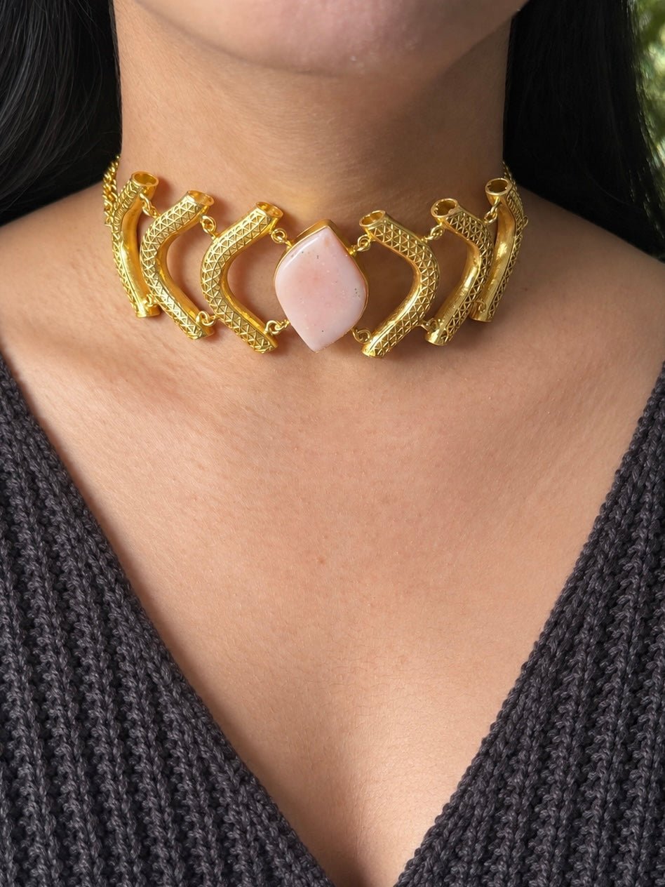 Pink Opal Gemstone Choker – Gold Brass, Adjustable Necklace