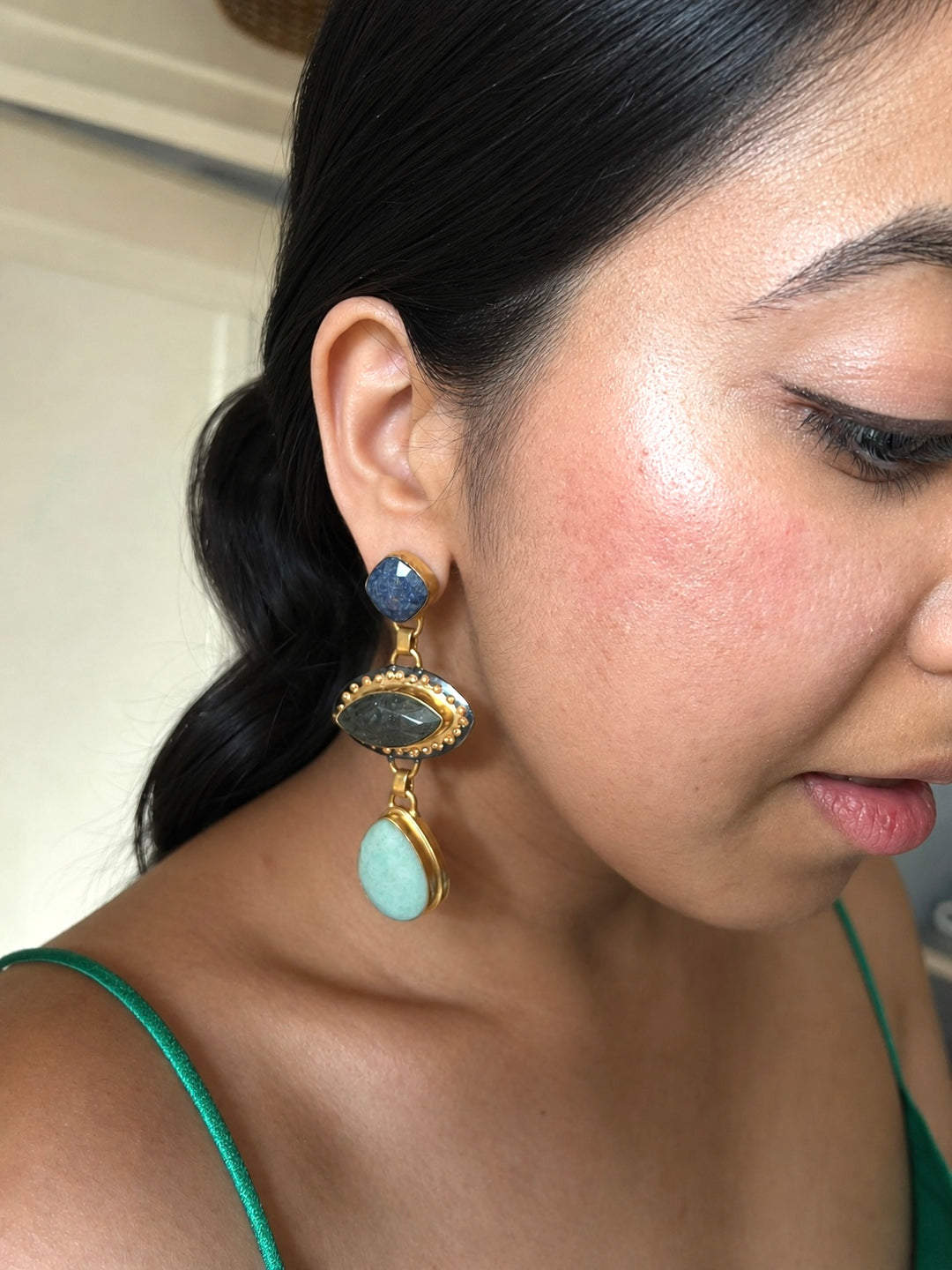 Sodalite Gray Quartz Amazonite Drop Earrings, Boho Artisan Dangle Earrings