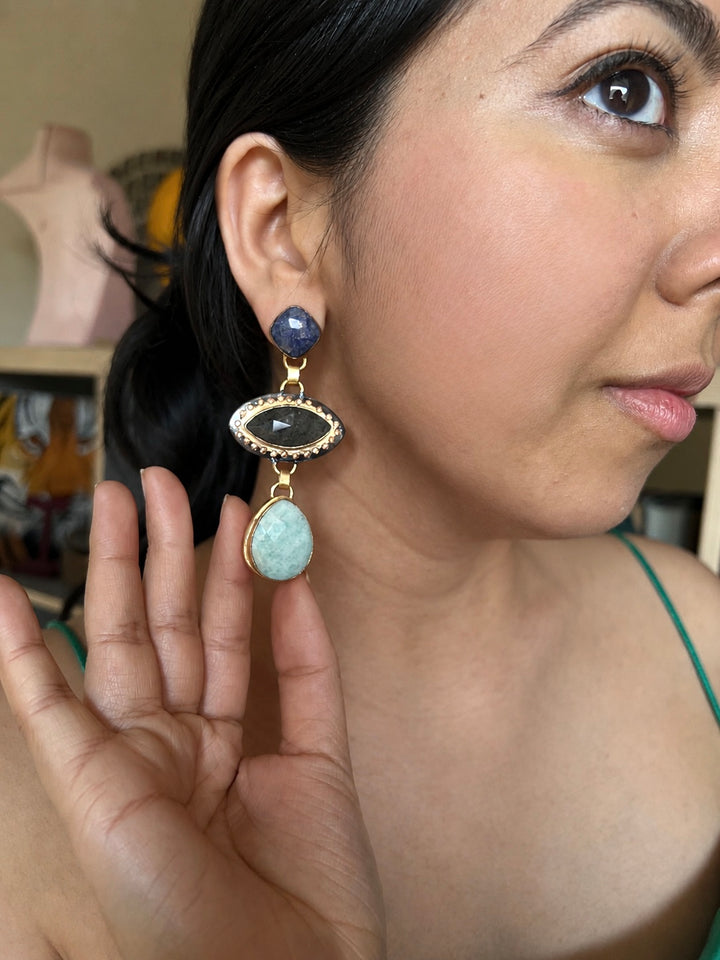 Sodalite Gray Quartz Amazonite Drop Earrings, Boho Artisan Dangle Earrings