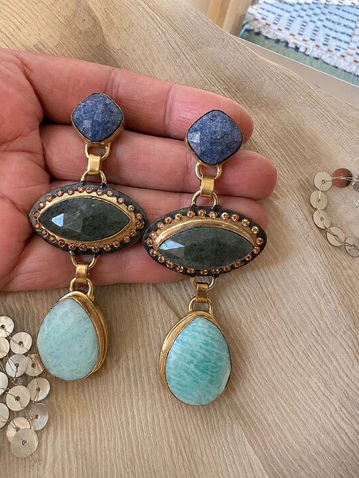Sodalite Gray Quartz Amazonite Drop Earrings, Boho Artisan Dangle Earrings