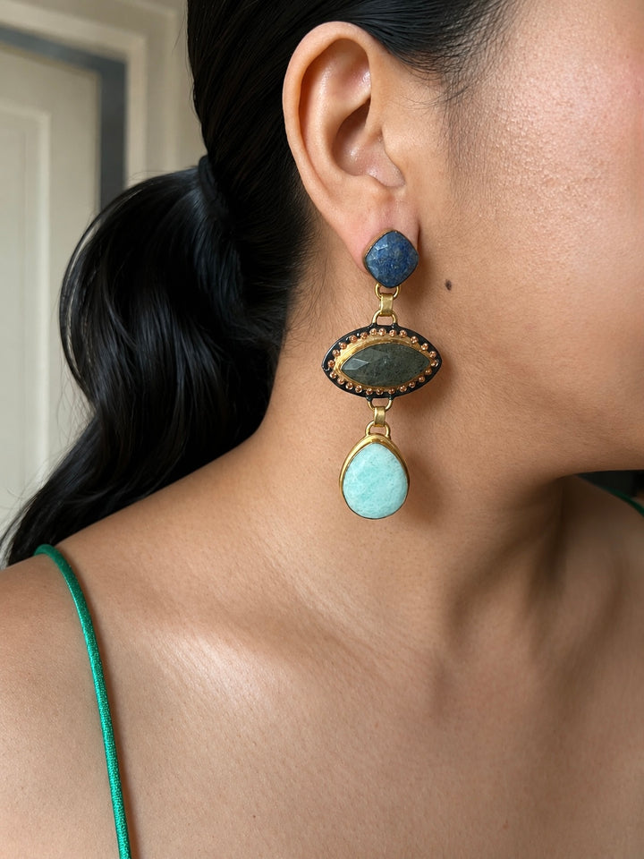 Sodalite Gray Quartz Amazonite Drop Earrings, Boho Artisan Dangle Earrings