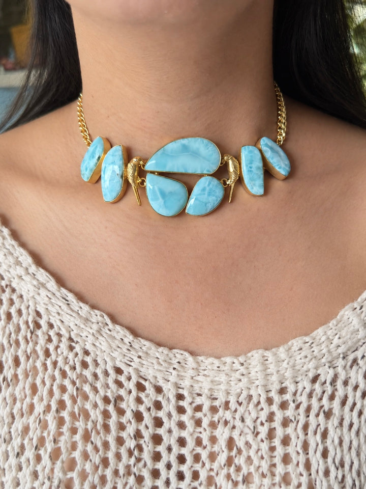 Natural Larimar Gemstone Choker Necklace– Gold Brass, Adjustable Necklace