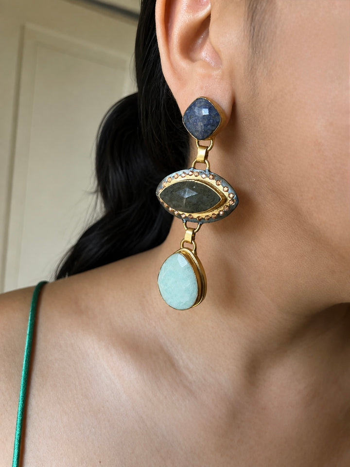Sodalite Gray Quartz Amazonite Drop Earrings, Boho Artisan Dangle Earrings