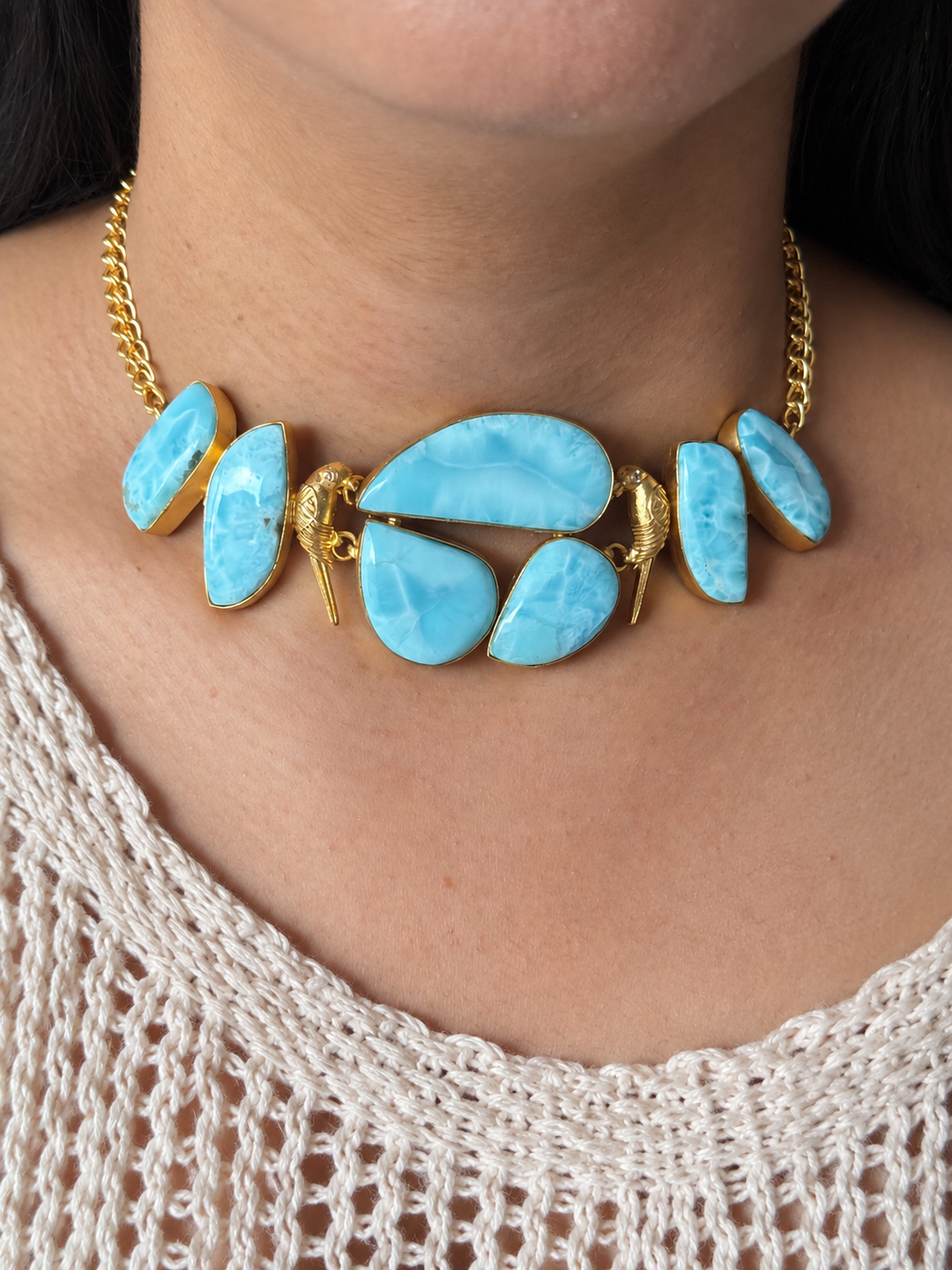 Natural Larimar Gemstone Choker Necklace– Gold Brass, Adjustable Necklace