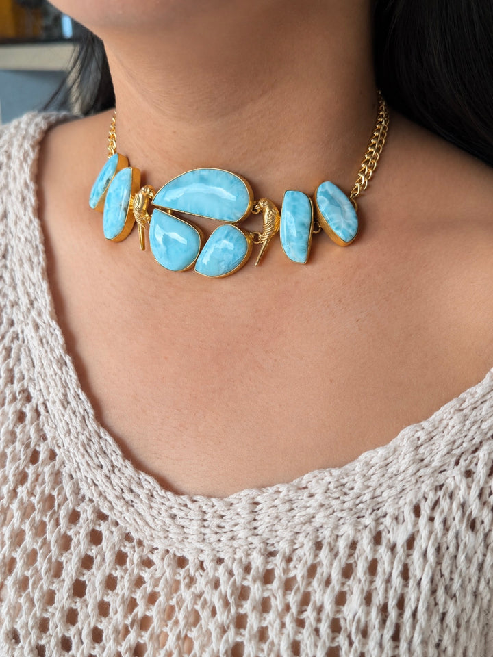 Natural Larimar Gemstone Choker Necklace– Gold Brass, Adjustable Necklace