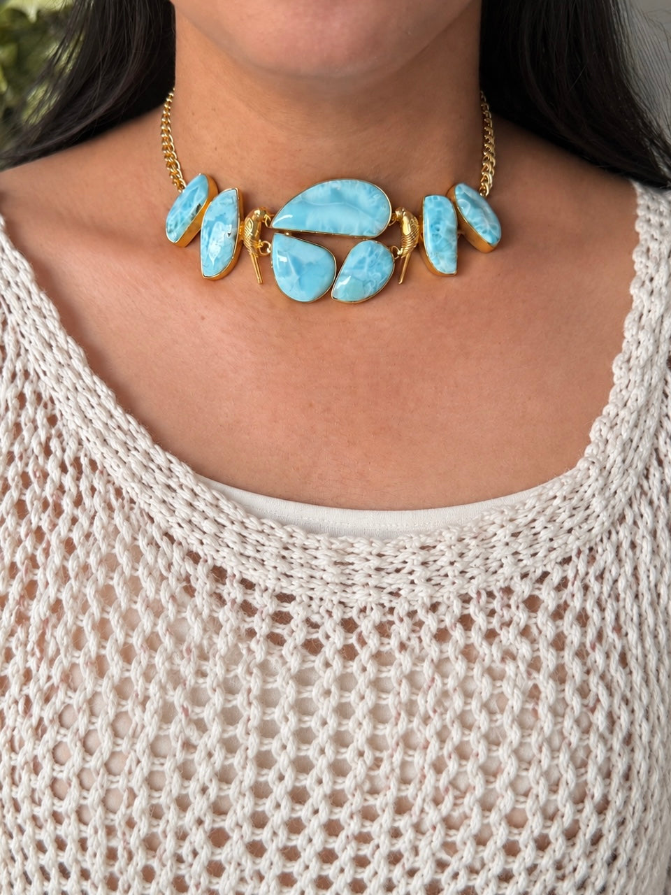 Natural Larimar Gemstone Choker Necklace– Gold Brass, Adjustable Necklace