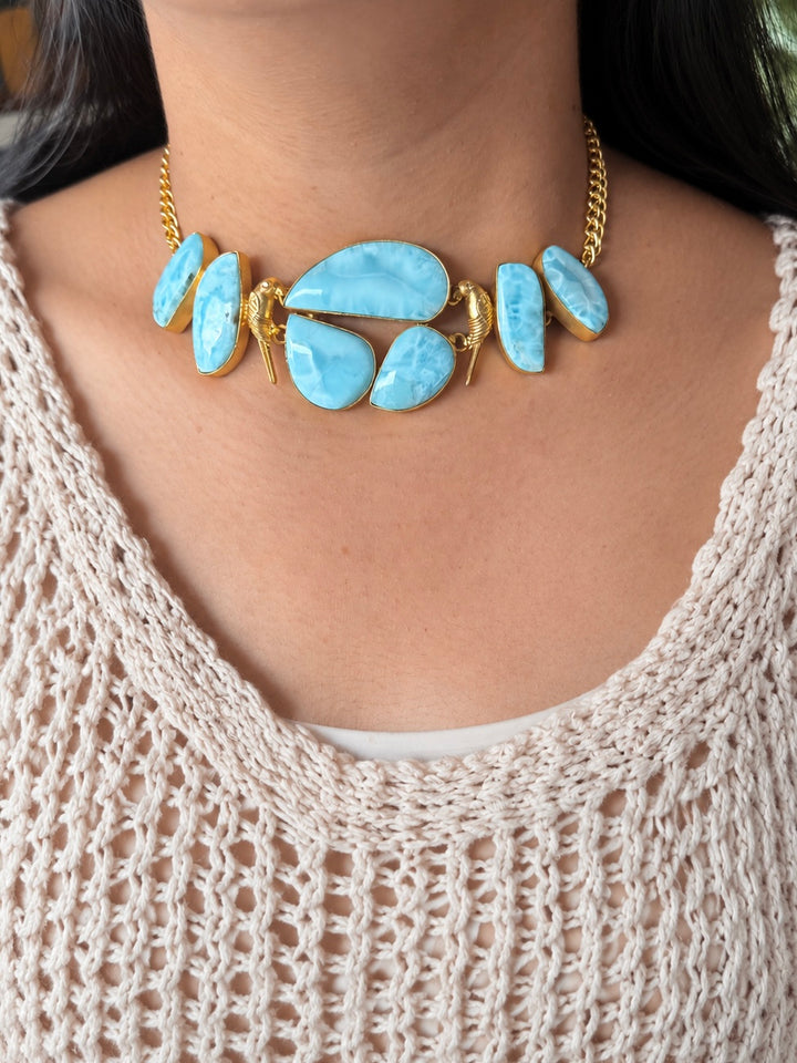 Natural Larimar Gemstone Choker Necklace– Gold Brass, Adjustable Necklace