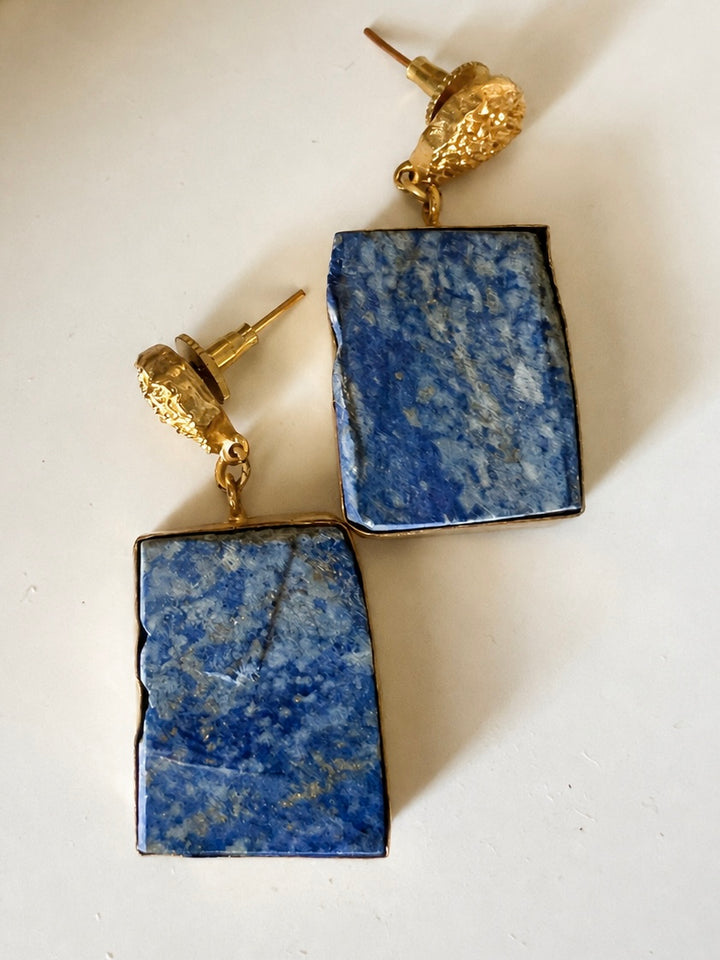 Raw Lapis Lazuli Drop Earrings with Textured Gold Detail