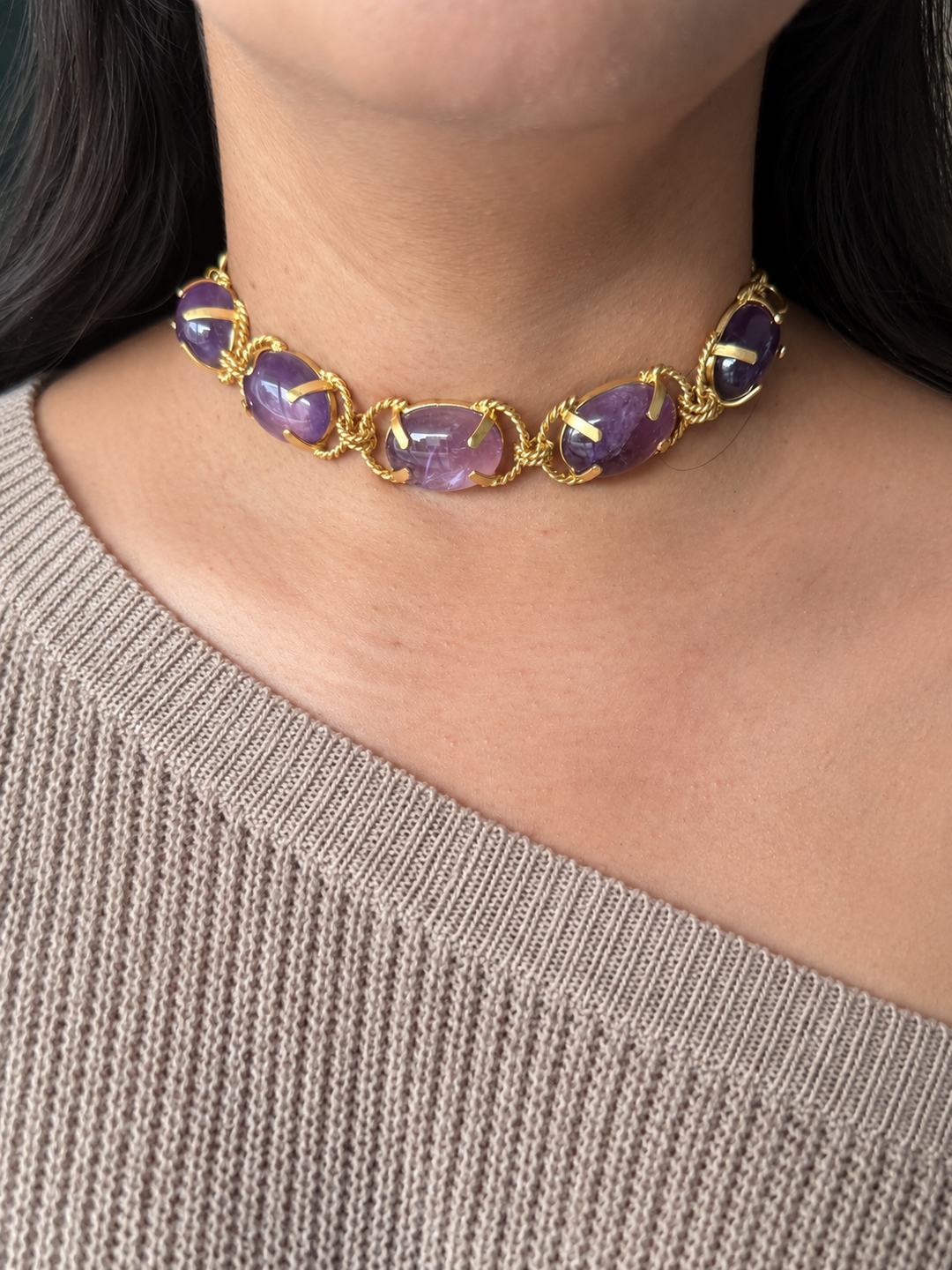 Natural Amethyst Gemstone Choker – Gold Brass, Adjustable Necklace
