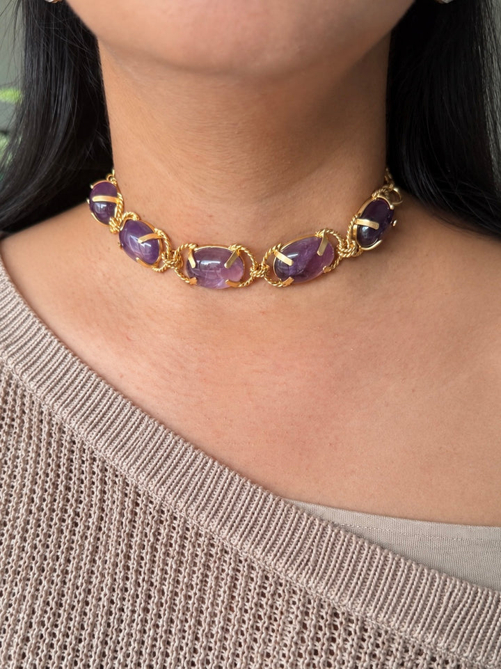 Natural Amethyst Gemstone Choker – Gold Brass, Adjustable Necklace