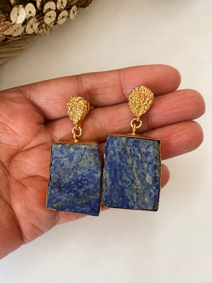 Raw Lapis Lazuli Drop Earrings with Textured Gold Detail