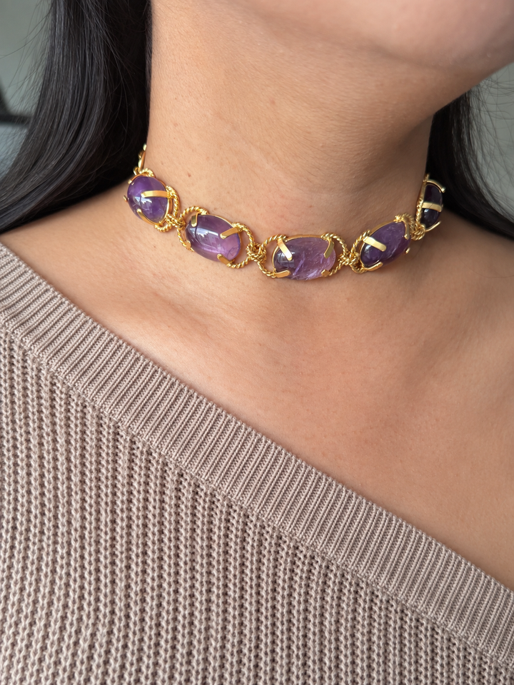 Natural Amethyst Gemstone Choker – Gold Brass, Adjustable Necklace