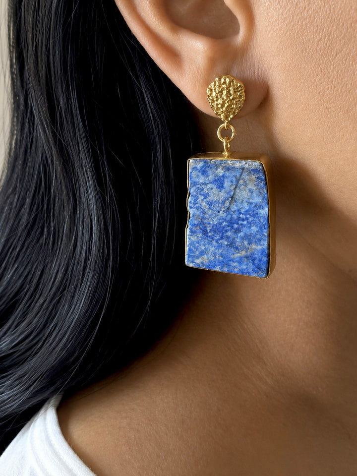 Raw Lapis Lazuli Drop Earrings with Textured Gold Detail