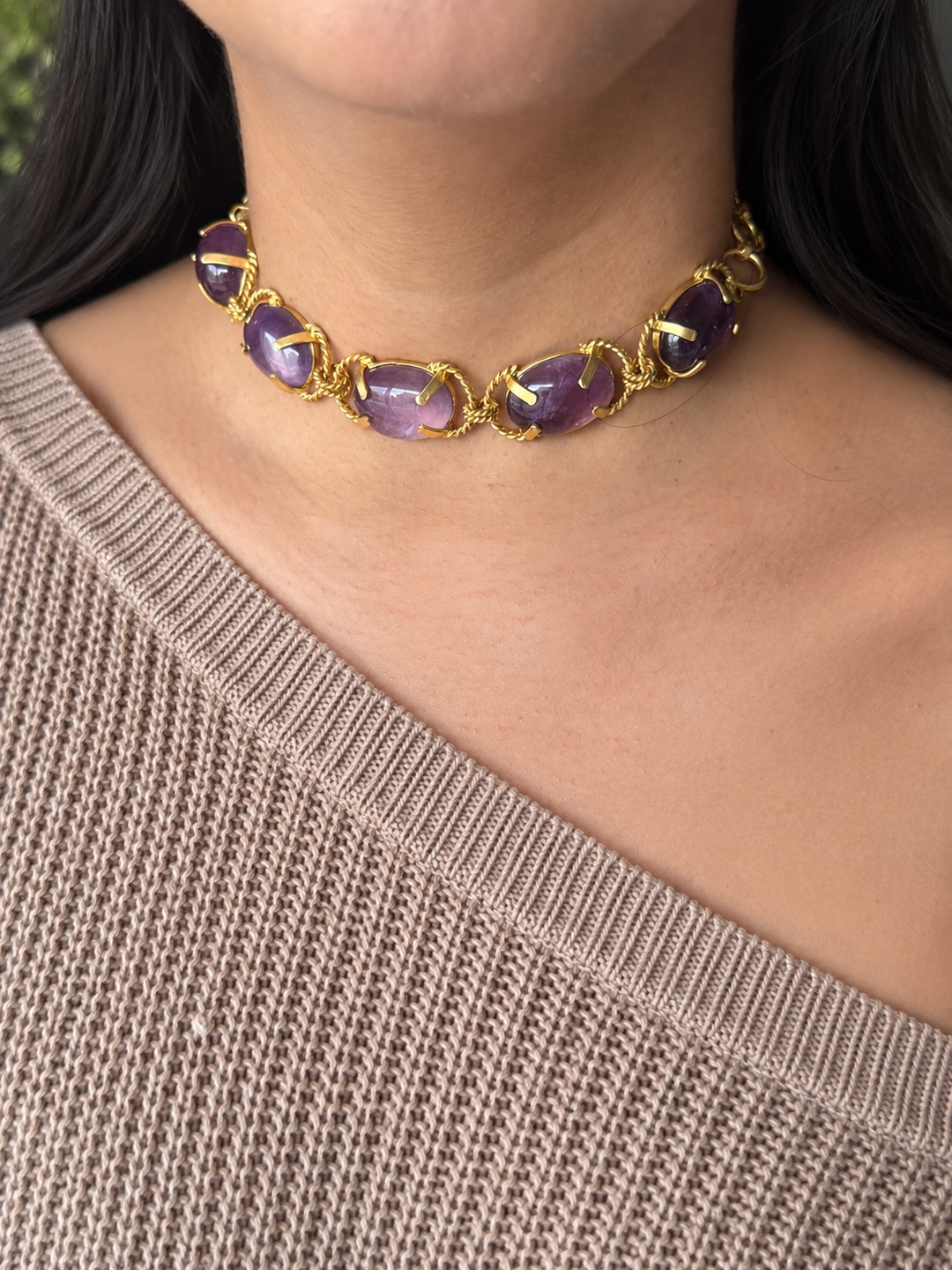 Natural Amethyst Gemstone Choker – Gold Brass, Adjustable Necklace