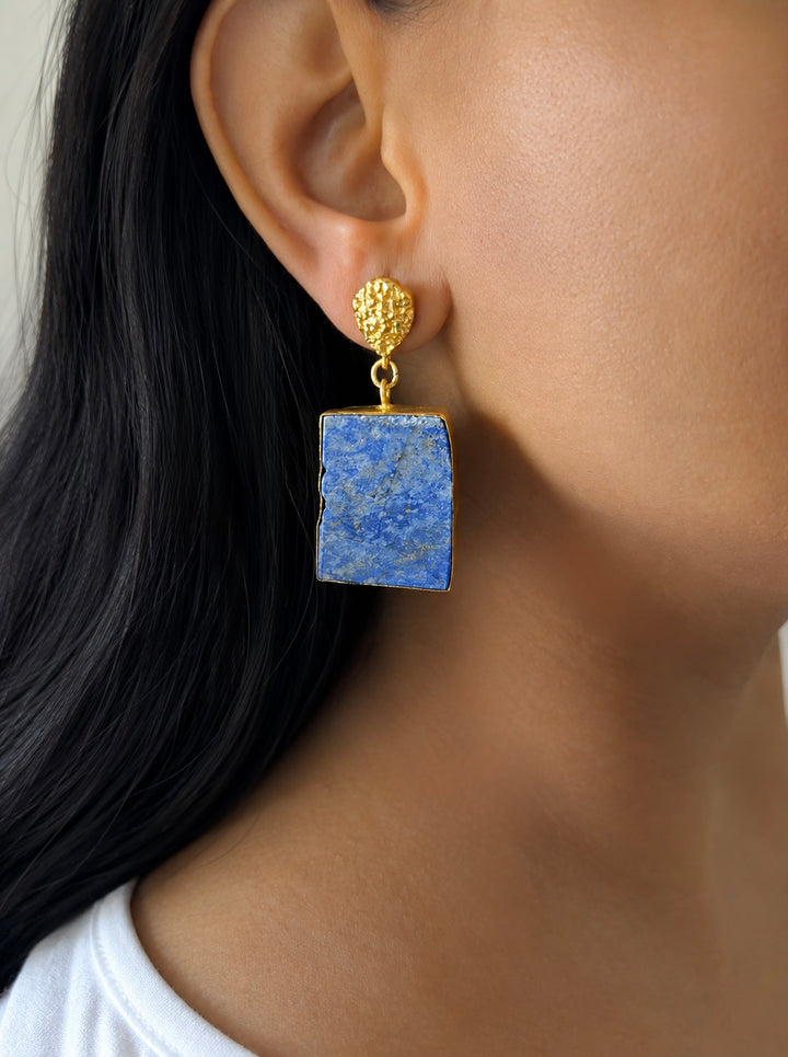 Raw Lapis Lazuli Drop Earrings with Textured Gold Detail