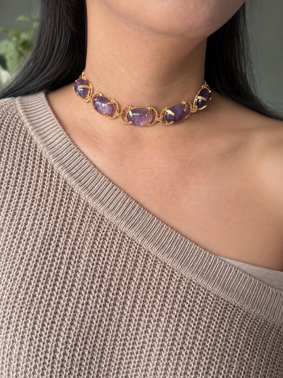 Natural Amethyst Gemstone Choker – Gold Brass, Adjustable Necklace