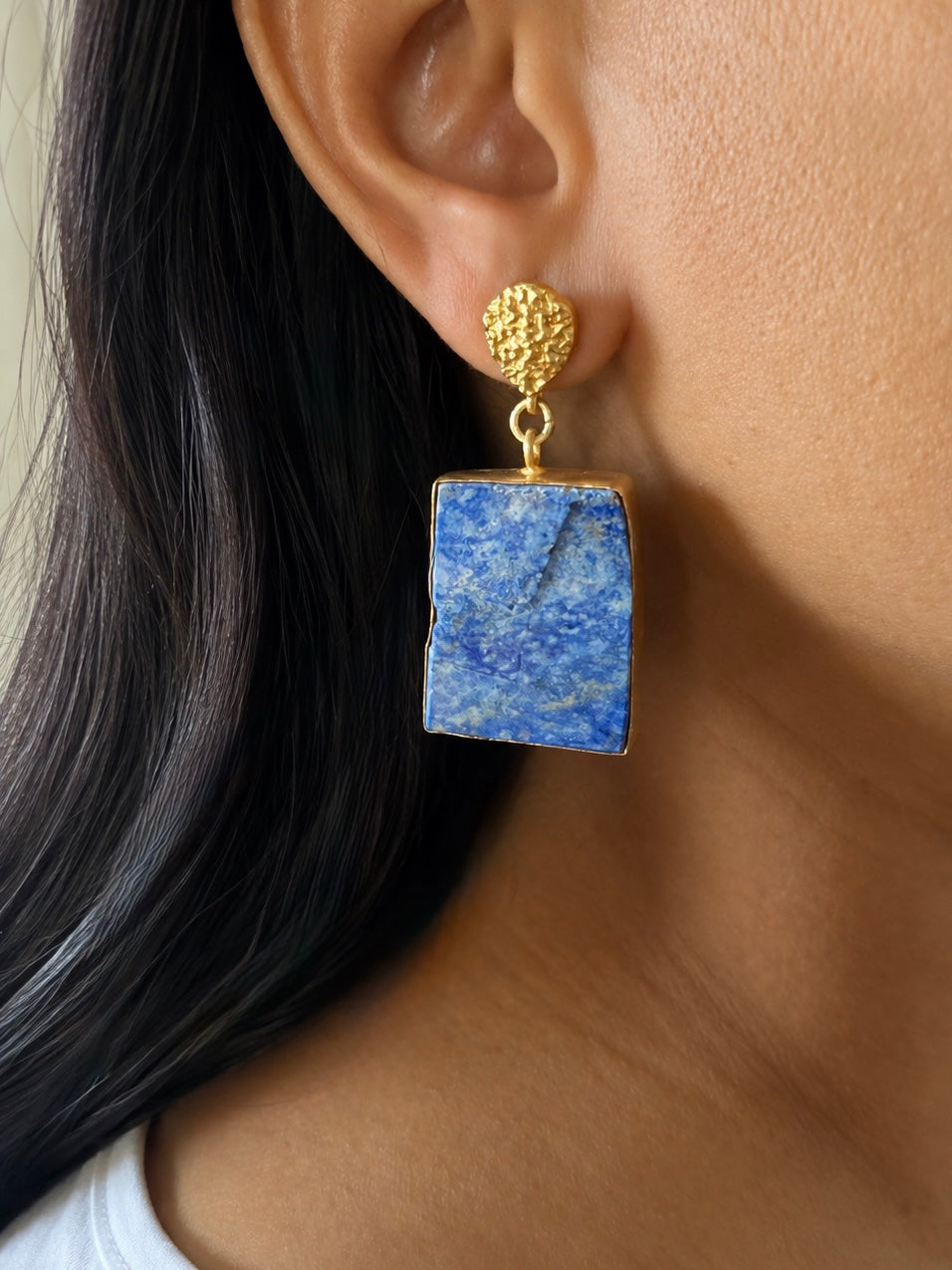 Raw Lapis Lazuli Drop Earrings with Textured Gold Detail
