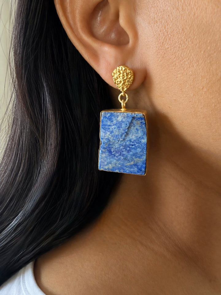 Raw Lapis Lazuli Drop Earrings with Textured Gold Detail