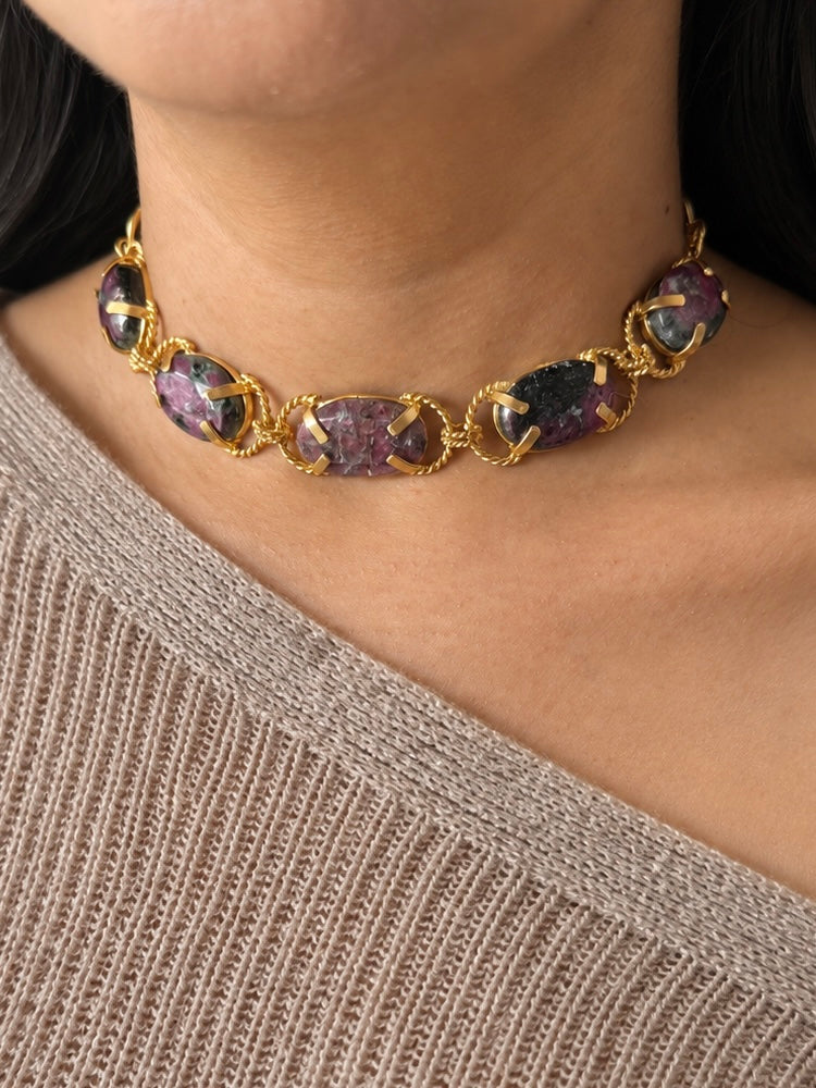 Natural Ruby-in-Zoisite Gemstone Choker – Gold Brass, Adjustable Necklace