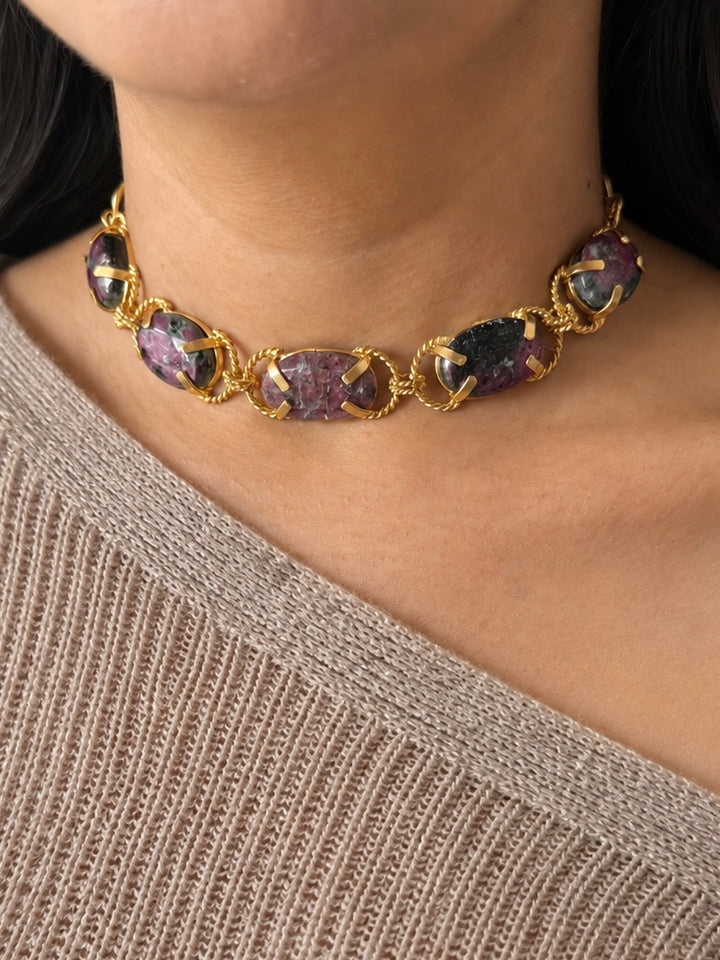 Natural Ruby-in-Zoisite Gemstone Choker – Gold Brass, Adjustable Necklace