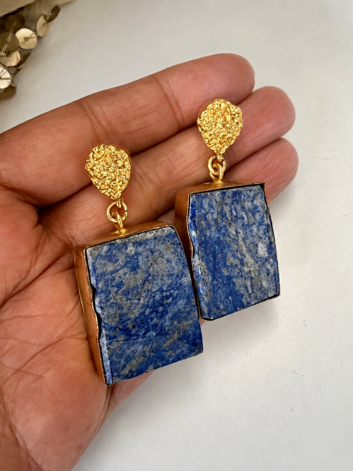 Raw Lapis Lazuli Drop Earrings with Textured Gold Detail