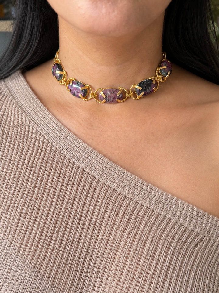Natural Ruby-in-Zoisite Gemstone Choker – Gold Brass, Adjustable Necklace