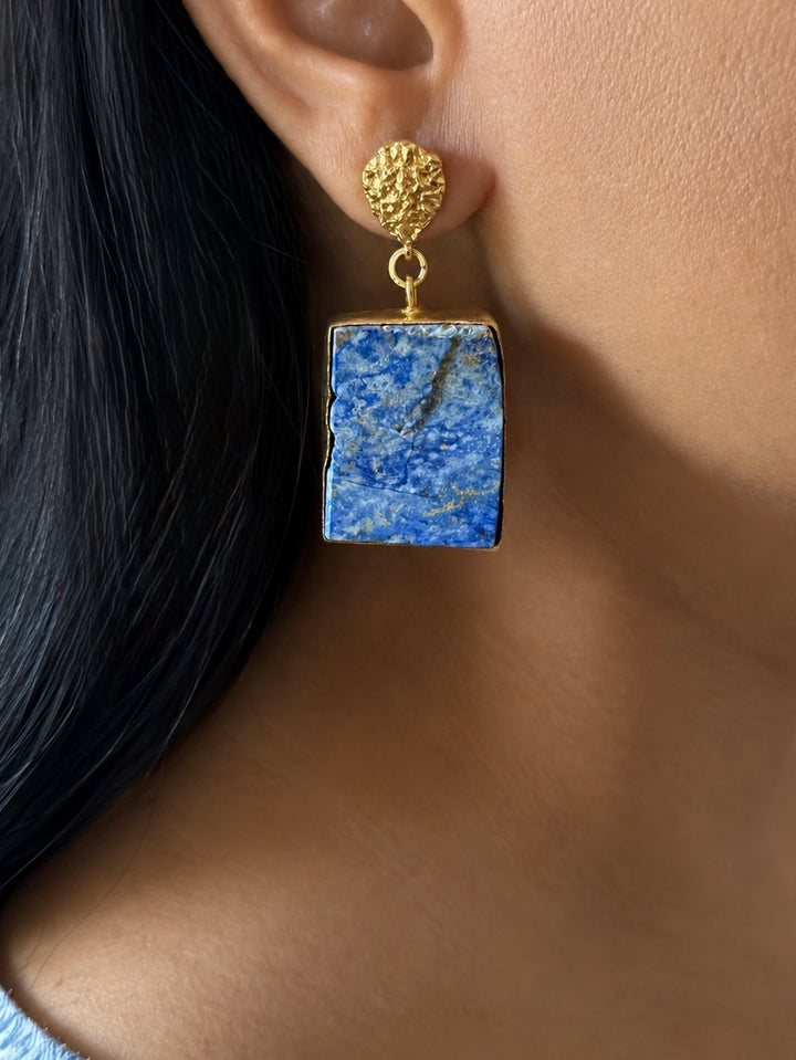 Raw Lapis Lazuli Drop Earrings with Textured Gold Detail