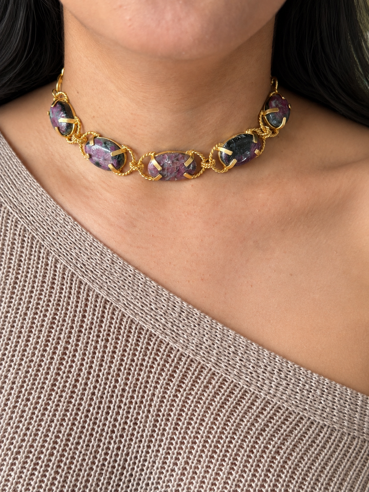 Natural Ruby-in-Zoisite Gemstone Choker – Gold Brass, Adjustable Necklace