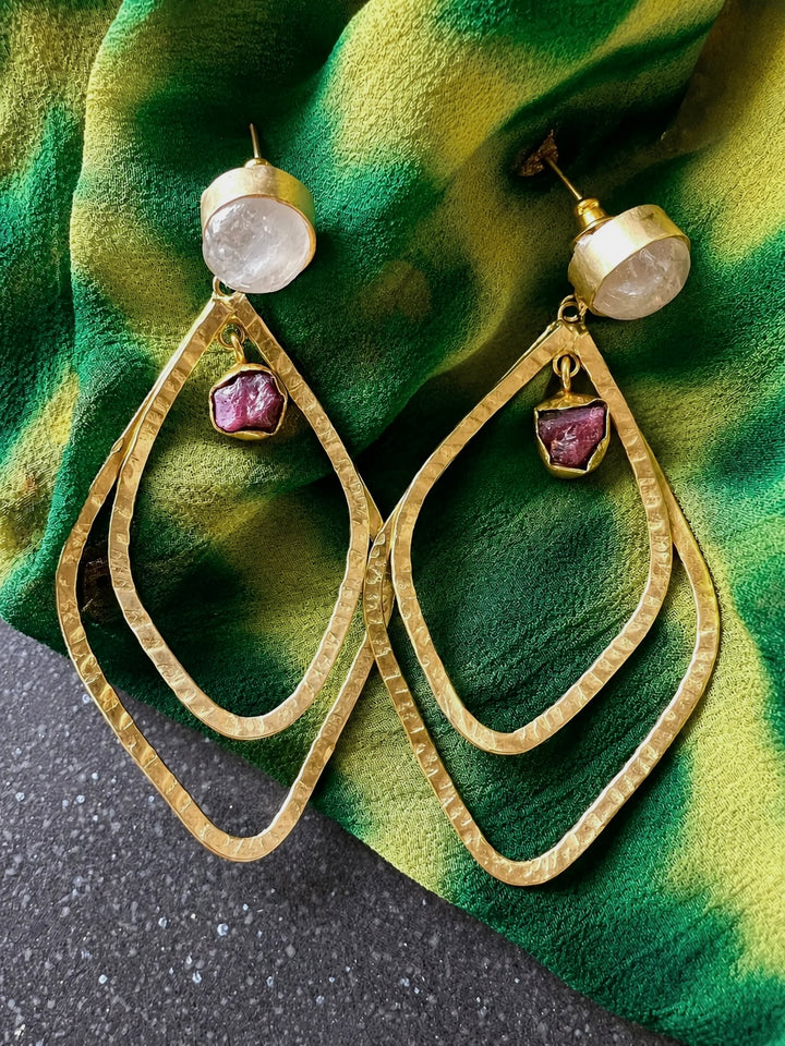 Raw Ruby & Moonstone Hammered Earrings, Textured Gold Plated Brass Double Layer Hoop Earrings