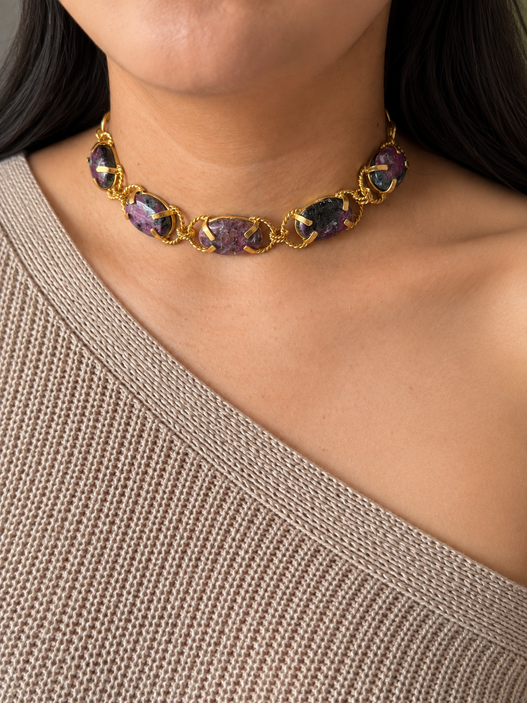 Natural Ruby-in-Zoisite Gemstone Choker – Gold Brass, Adjustable Necklace