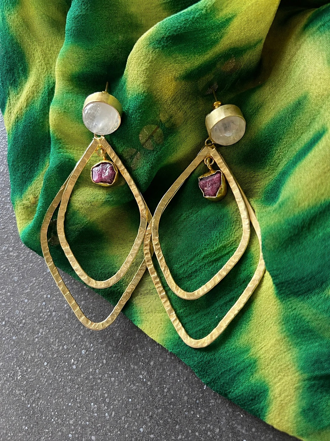 Raw Ruby & Moonstone Hammered Earrings, Textured Gold Plated Brass Double Layer Hoop Earrings