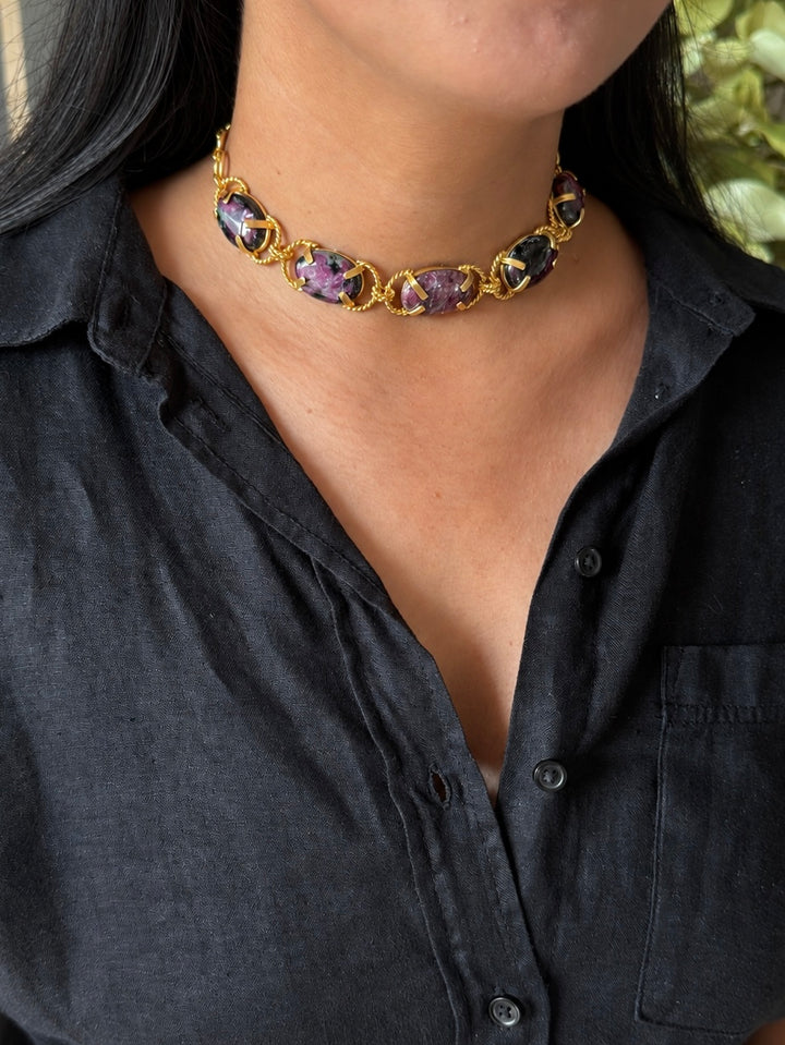 Natural Ruby-in-Zoisite Gemstone Choker – Gold Brass, Adjustable Necklace