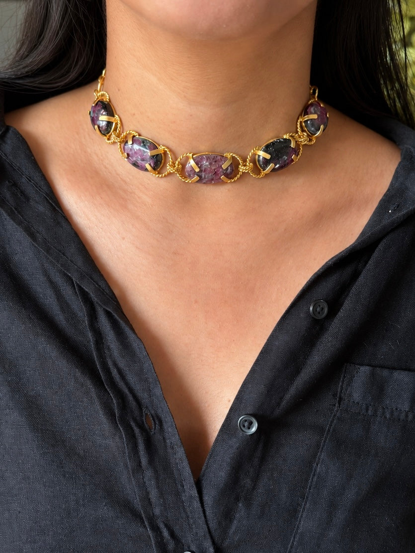 Natural Ruby-in-Zoisite Gemstone Choker – Gold Brass, Adjustable Necklace