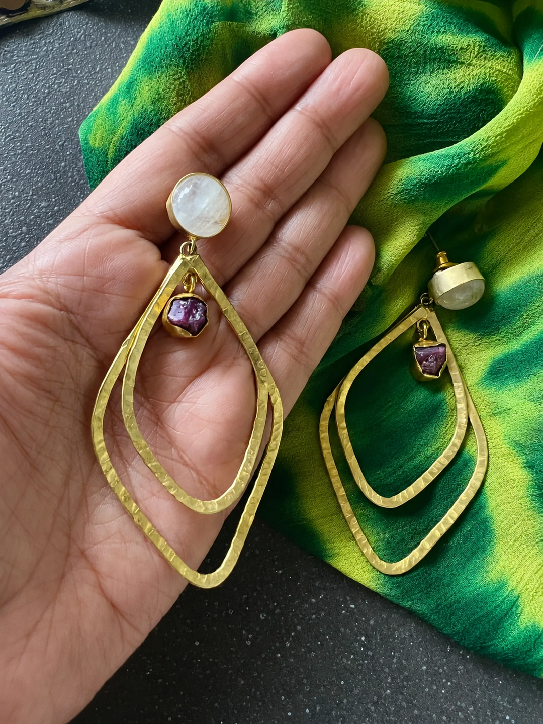 Raw Ruby & Moonstone Hammered Earrings, Textured Gold Plated Brass Double Layer Hoop Earrings