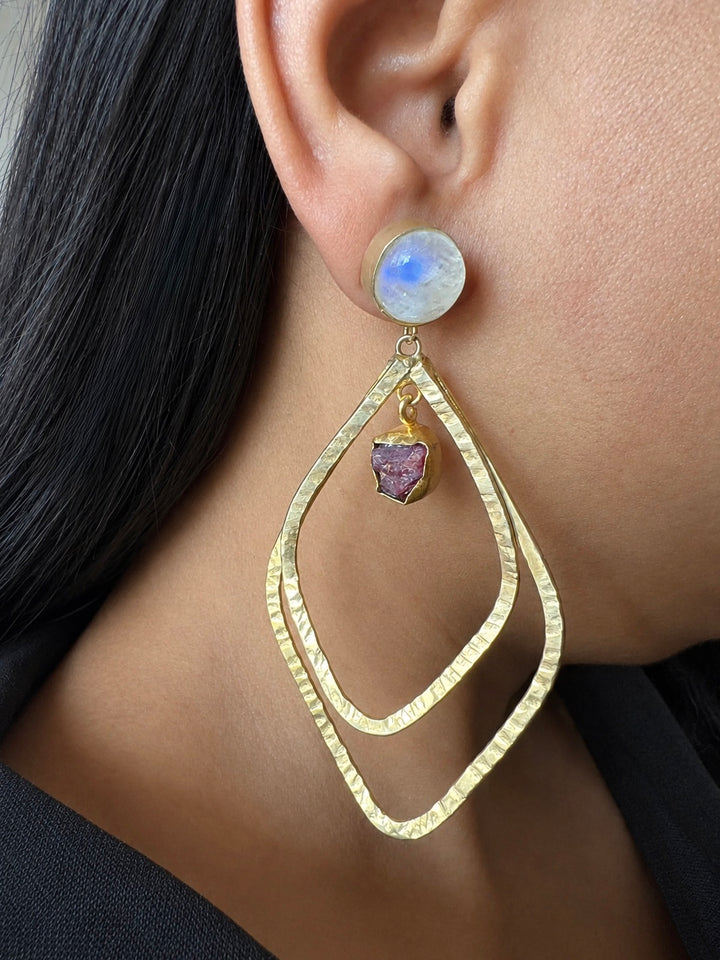 Raw Ruby & Moonstone Hammered Earrings, Textured Gold Plated Brass Double Layer Hoop Earrings