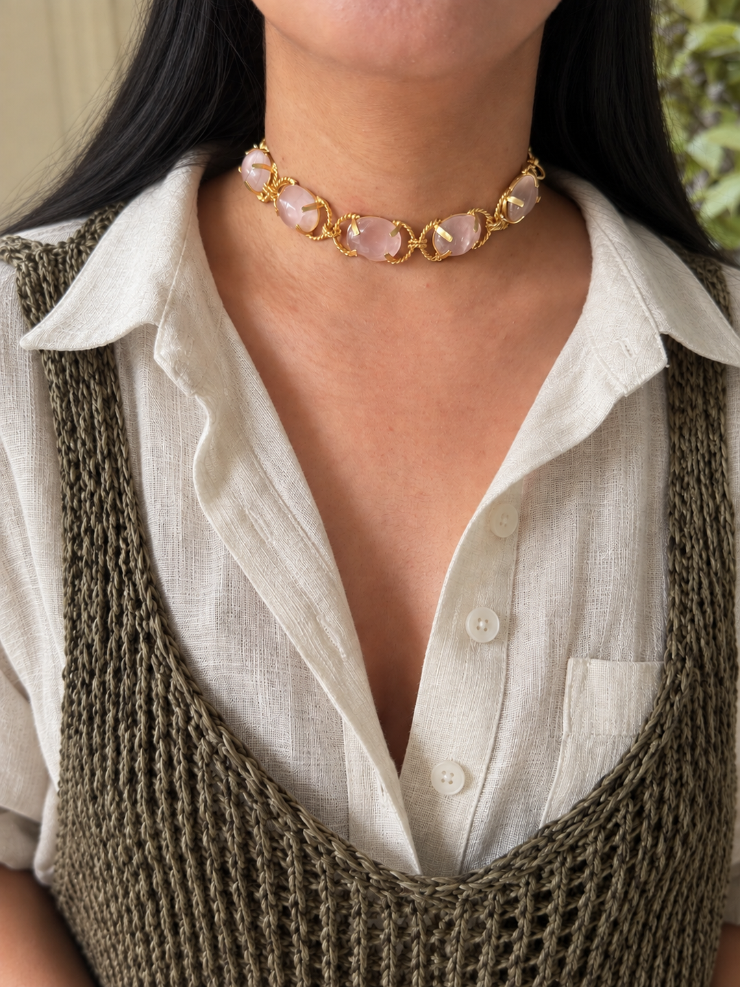 Rose Quartz Choker – Gold Brass, Adjustable Necklace